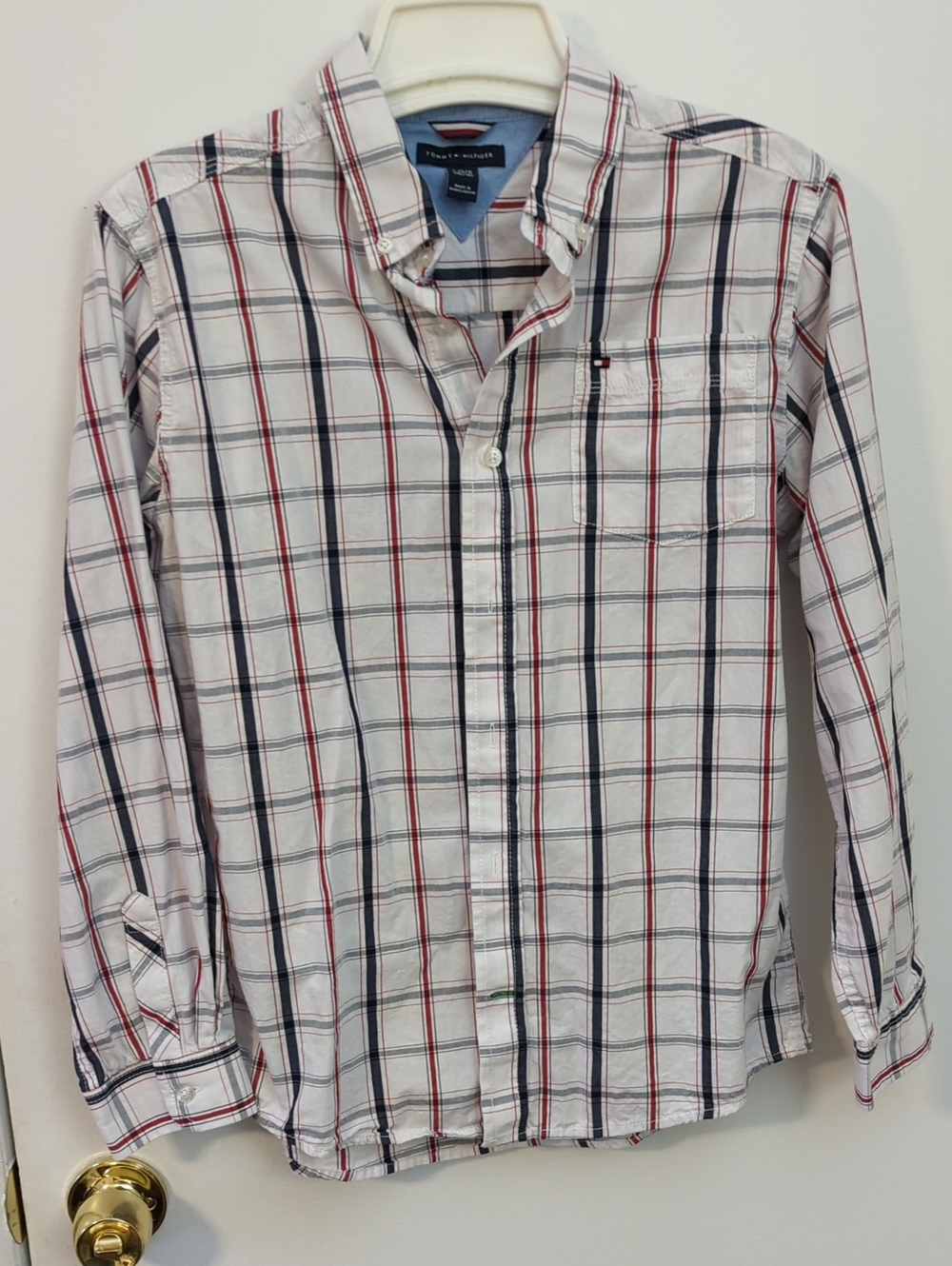 Tommy Hilfiger Boys White Plaid Button-Down with Navy & Red Stripes, Large